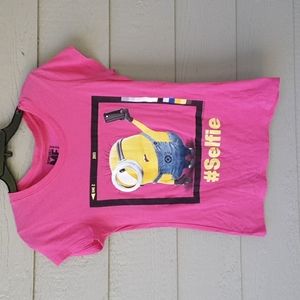 DESPICABLE Me Minion Made Pink Graphic "#Selfie" Women's T Shirt Size Large